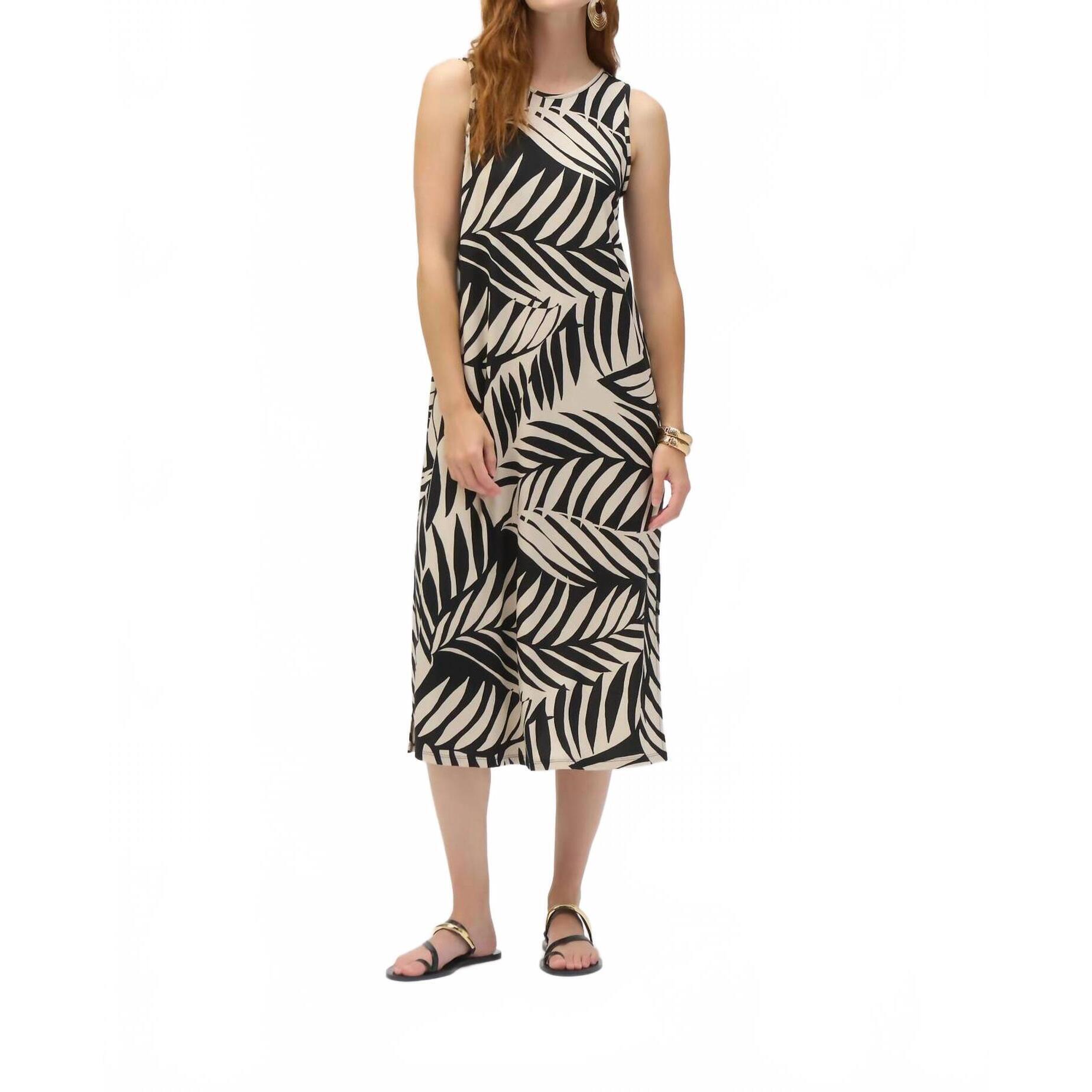 New Joseph Ribkoff Tropical Print Midi A-Line Dress In Black/Moonstone